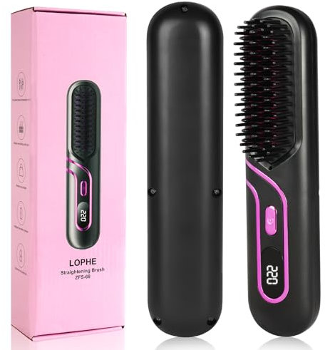 LOPHE Mini Haarglätterbürste, Glättbürste Kabellos, Hair Straightener Comb mit LCD-Bildschirm 4-Stufen Temperatur Wiederaufladbar, Verbrühungsschutz Glätteisen, Schwarz (Typ-C)