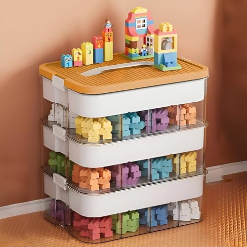 Storage Organiser Box, 3 Tier Stackable Toy Storage Box with Building Plate Lid Handle, Creative Building Blocks Sorting Container for Toys Puzzle Craft Supplies
