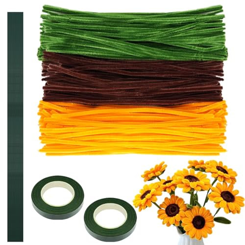 Pfeifenreiniger 300 Stück, Pfeifenputger zum Basteln Pfeifenreiniger Blumen Set mit 15 Stück Grünem Bastelfaden, 2 Rollen Klebeband für Blumenstrauß DIY Dekorationen(Sonnenblumen)