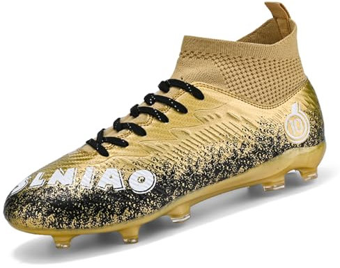Unitysow Football Boots Men's Astro Turf Trainers High-Top Outdoor Indoor Football Shoes Teens Professional Athletics Soccer Shoes,Gold,2 UK