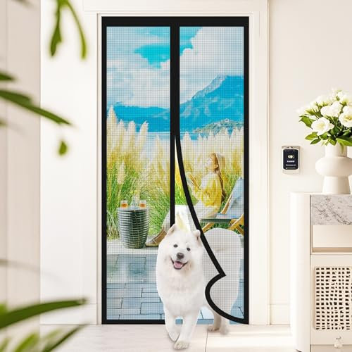 PJExim Premium Magnetic Fly Screen Door - Heavy Duty Auto-Closing Mesh Curtain with Magnets (Upgraded Mesh), No Drill Door Screen for Flies/Bugs, Fits 90x210cm Patio Doors (Solid Black)