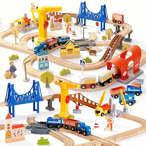 Holzeisenbahn Set 94tlg. mit Brücke, Kran & Schienen Holzspielzeug ab 3 J. | Set Holzeisenbahn Brücke Spielzeugzug-System Schienen, Autos, Brücken, Kran, Bahnsteig und mehr
