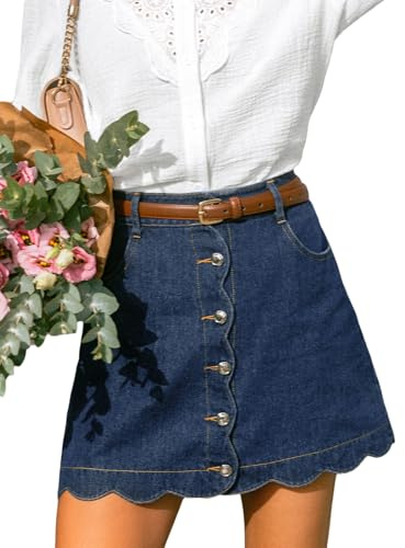 CUPSHE Gonna da donna in denim, casual, a vita alta, linea ad A, orlo smerlato, mini gonna di jeans con tasche