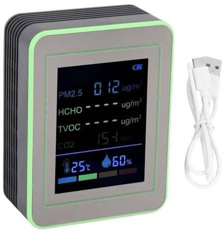 Marhynchus 6 in 1 Luftqualität Monitor CO2 PM 2,5 HCHO TVOC Temp Feuchtigkeit Detektor mit 2,8 in HD-Bildschirm & Tragbares Design für den Innenbereich Home Office (schwarz und grün)