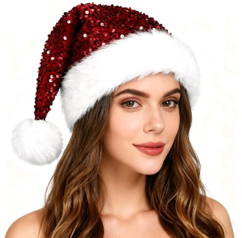 Yanmucy Weihnachtsmütze für Erwachsene, doppellagig, Pailletten, Weihnachtsmannmütze, Unisex, Schneeflocke, Weihnachtsmütze für Weihnachtsmann-Kostüm, Verkleidung (rot)