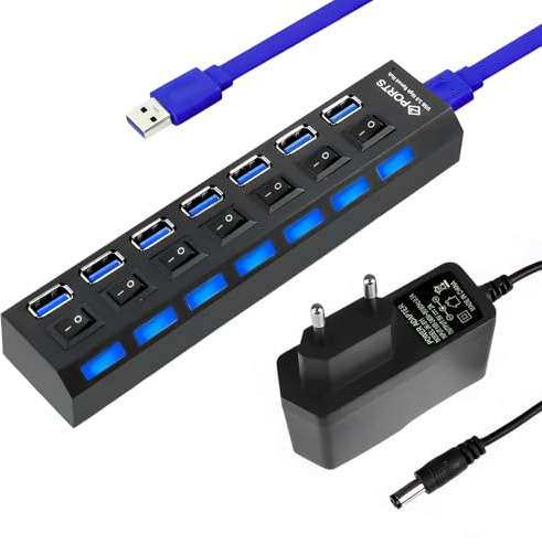 Hub USB 3.0 de 7 Puertos con Interruptores Independientes hub USB Alimentado 1 USB 3.0+6 USB 2.0 Ports Portátil con Adaptador de Corriente LED Indicador para PC, MacBook y Dispositivos Múltiples