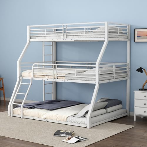 Oxtao Etagenbett 90x200cm & 120x200cm & 140x200cm, Metallbettgestell, Eisenbett, Dreifach-Etagenbett, für Kinder, Jugendliche und Erwachsene, Ohne Matratze (Weiß, 90x200CM)