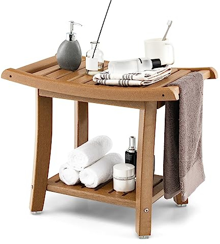 COSTWAY Duschbank Bad, Sitzbank mit Ablage, Badhocker 170 kg belastbar, Badezimmerbank Duschstuhl, Duschhocker für Erwachsene, Senioren, 60,5 x 34 x 48 cm (Kaffee)