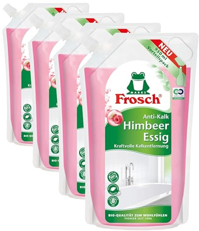 Frosch Himbeer-Essig Anti-Kalk Reiniger, Kraft-Reiniger - extra stark gegen Schmutz und Kalk, für Küche und Bad, im Nachfüllbeutel 4er Pack (1 x 950 ml)