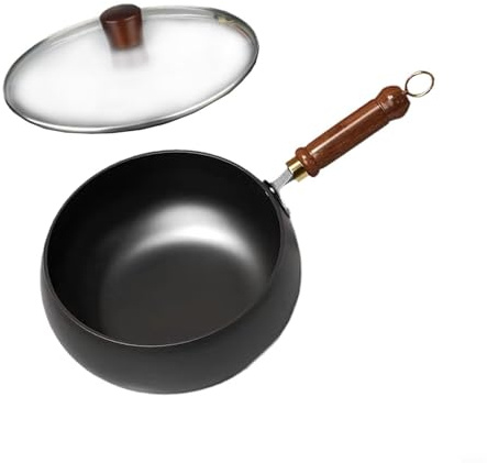 Sartén de hierro forjado a mano con paredes gruesas para una distribución uniforme del calor, sartén sin revestimiento para cocción lenta y freír a alta temperatura (olla de 24 cm + tapa de vidrio)