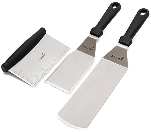 Anmarko Raspador Espátula Profesional - Juego de plancha de acero inoxidable Pancake espátula y de ideal para parrilla de barbacoa parrilla de cocción y con parte superior plana