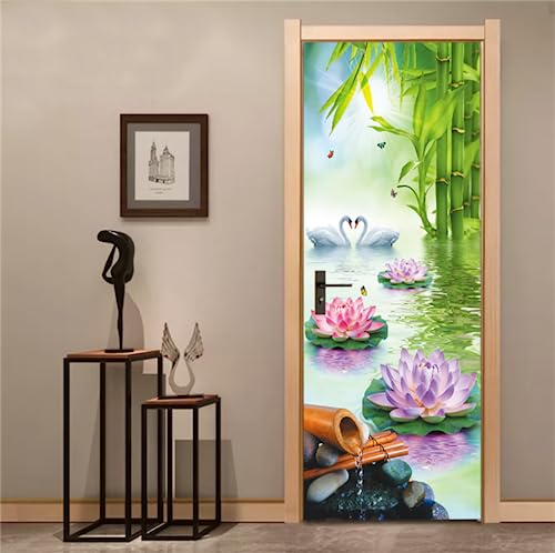 FLFK 3D Rosa Lotus Bambus landschaft Wohnzimmer Türtapete Wandbilder Selbstklebend Tür Poster Vinyl Entfernbar Mauer Aufkleber Zuhause Dekor 30.3Zoll x78.7 Zoll