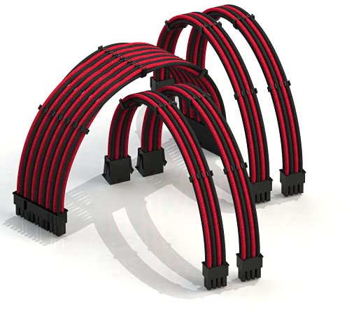 LINKUP - AVA 50cm PSU Kabelverlängerung Ummantelt GPU Nach Maß PC Stromversorgung mit Kamm-Kit | 1x 24 P (20+4) | 2x 8 P (4+4) CPU | 2x 8 P (6+2) GPU Set | 500mm - Rot Schwarz