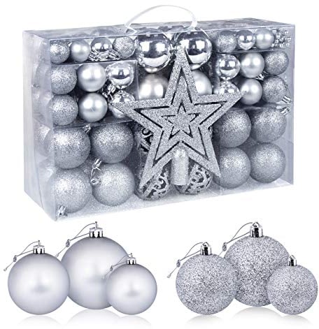 Anstore Weihnachtskugeln 98tlg. Christbaumkugeln Set Kunststoff Weihnachtsbaumkugeln Box mit Dekosterne und Kette, Christbaumkugeln Plastik Bruchsicher, Weihnachtsbaumschmuck, MEHRWEG