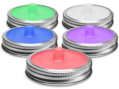 ISAKEN 5Pcs Waterless Airlock Fermentation Lids, Silicone Airlock Lids Kit with Steel Ring for Wide Mouth Mason Jars, Fermenting Pickle Jar Lids for Kitchen