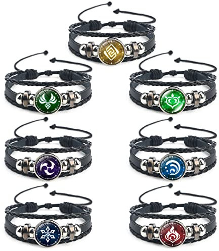 Genshin Impact Armband 7 Stück, Animne Leuchtarmband, Element Leuchtende Armbänder Glow in Dark, God's Eye Time Gem Bracelet of Fire, Ice, Wind, Gras, Rock, Thunder, Wasser