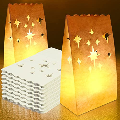 Ranslen 70PCS White Luminary Bags Fireworks Cutout Flame Resistant Halloween Candle Bags Paper Lantern Bags for Christmas Weddings Birthday Party Thanksgiving Decoration Use with Tealights