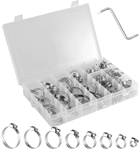 ZEONHEI 100 Stück Schlauchschellen Set, 8 Größen 8-44mm Edelstahl Einstellbare Rohrschellen Schlauchklemmen, Schlauchbinder Schlauch Rohr Schelle Schraubschelle Metallschelle Anziehen Teile Kit