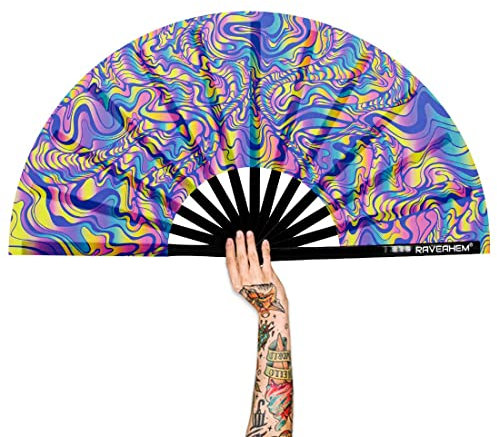 Raveahem UV Glow Rave Fan, Bamboo Folding Clack Hand Fan for Men Women (Waves-2, Large 13)