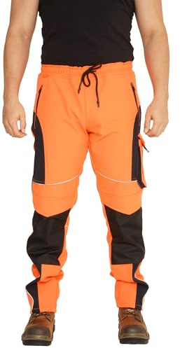 Sam Caan® Hi Vis Mens Work Trousers Softshell Men High Visibility Viz Reflective Water Resistant Combat Cargo Rain Proof Repellent Windproof Safety Site Work Wear Builder Pants Soft Shell Workwear