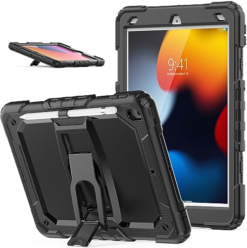SEYMAC stock for iPad 9th/8th/7th Generation Case 10.2 inch, Full Body Shockproof Cover with Screen Protector, Pencil Holder & Folding Stand for iPad 10.2 Case 2021/2020/2019, Black