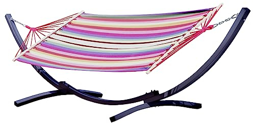 ALEOS. 375cm Hängemattengestell für 1 Person Gestell aus Metall mit Stabhängematte Capri-Rojo - Hängemattenständer - Metallgestell mit Hängematte, Ketten und Karabiner für Garten und Camping