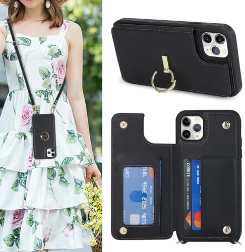 SailorTech iPhone 11 Pro Max Case with Credit Card Holder, iPhone 11 Pro Max Phone Leather Case Ring Stand with Kickstand Strap Card Slots Wallet Crossbody for iPhone 11 Pro Max - Black