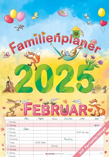 Alpha Edition - Familienplaner Cartoon 2025, 23,7x34cm, Familienkalender mit 6 Spalten und vielen Zusatzinformationen, 1 Monat auf 1 Seite, ... und deutsches Kalendarium: by Silke Leskien