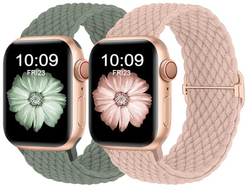 Finoriss Armband Kompatibel mit Apple Watch 38mm 40mm 41mm, Geflochtenes Elastisches Nylon Armband für Apple Watch Series 9 SE 8 7 6 5 4 3, Sand Rosa/Tannengrün