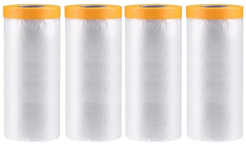 Hniuyun 4 Rolls Plastic Dust Sheet Roll, Pre-Taped Masking Film- 2.4M x 20M, Self-Adhesive Painting Drop Film for Decorating, Furniture Covering, Cars and Auto Body