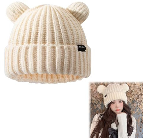 Doukesh Winter Beanie Mütze für Damen,Thermo Strickmütze Damen,Warme Wintermütze,Süßer Bär Wintermütze,Mütze Winter,Dehnbare Weiche Wollmütze, Frauen,Weiß