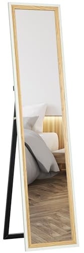 HOMCOM Espejo de Pie Cuerpo Entero 157x37 cm Blanco y Natural Oscuro | Espejo Grande de Pared con Marco Bicolor, Inclinado o Colgante, Salón, Dormitorio, Pasillo, Entrada