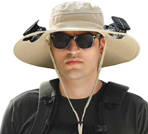 Solar Fan Hats for Men Outdoor Wide Brim Sun Hat with -Fishing Hat with 2 Solar Powered Fan Summer Sport Work Sun Protection Khaki