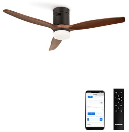 CREATE / WINDCALM NATURAL WOOD M/Ventilateur de plafond avec lumière noir pales bois foncé avec WiFi et télécommande / 40W, Minuterie, Ø132 cm, 3 températures de lumière, fonction été-hiver