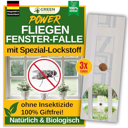 GREEN GUARDIA Fliegen Fenster-Falle mit Spezial-Lockstoff - 3X Fallen - umweltfreundlich Fliegen bekämpfen, Chemiefreie Falle mit starker Klebefläche, giftfrei & geruchsneutral