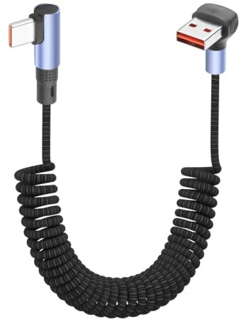 YACSEJAO 100W Spiral USB A auf USB C Kabel 90 Grad 1,5M (Rechter Winkel) | Einziehbares,Rechtwinkliges USB C Ladekabel 6A Schnellladung Geflochtenes Umkehrbarem Stecker für Phone, Auto,Laptops