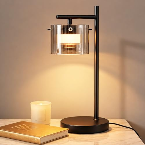 Kowanie LED Tischlampe mit kabel: Schwarz Nachttischlampe aus Rauchglas und | Metall Warmweiß Tischleuchte Modern Stil Schreibtischlampe geeignet für Wohnzimmer Schlafzimmer Esszimmer Flur und Büro.