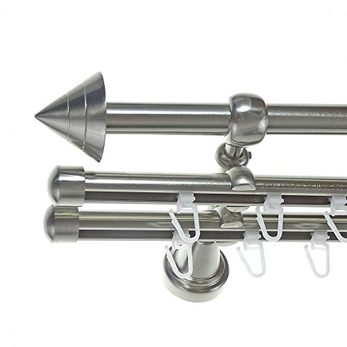 BASIT Rohr + 2x Innenlauf Gardinenstange Wandmontage 3 läufig 160cm lang Edelstahl Look Metall Gardinenstange 3 läufig Wandbefestigung Ø16mm I H14 RII