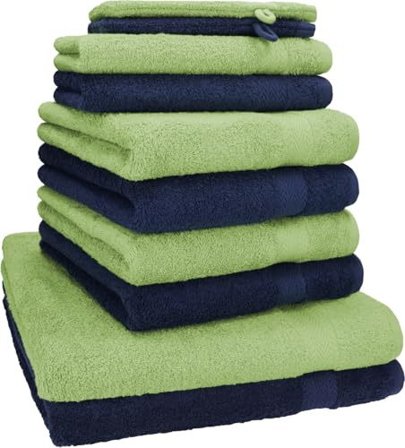 Betz 10-TLG. Handtuch-Set Premium 100% Baumwolle 2 Duschtücher 4 Handtücher 2 Gästetücher 2 Waschhandschuhe Farbe Dunkel Blau & Apfel Grün