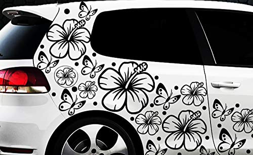 HR-WERBEDESIGN 138-teiliges Set Aufkleber Hibiskus Blumen Schmetterlinge Hawai WANDTATTOO