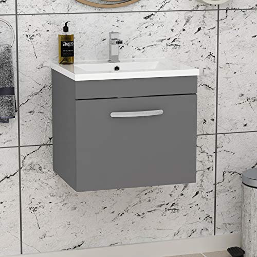 500mm Wall Hung Bathroom Vanity Unit Minimalist Basin 1 Drawer Storage Cabinet Furniture - Indigo Grey Gloss