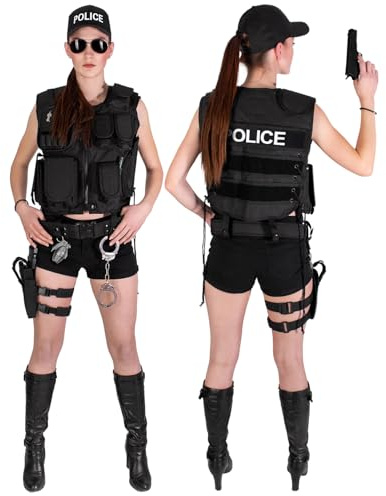 Black Snake® Damen Kostüm SWAT POLICE FBI SECURITY | Einsatzweste, Gürtel, Beinholster, Cap, Handschellen - POLICE - XL/XXL