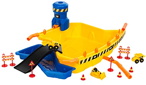 Theo Klein 3248 Caterpillar - Sandbaustelle Mega I Sand- und Wasserbecken I Inkl. Kipper, Radlader, Raupe I Mit Wasserturm, Rohren u.v.m.I Maße: 95cmx66cmx 34,5cm I Spielzeug für Kinder ab 18 Monaten