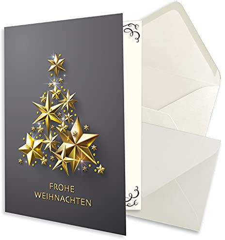 NEUSER PAPIER 100x kleines Weihnachtskarten-Set DIN A7 in Grau mit goldenem Weihnachtsbaum aus Sternen - Faltkarten mit passenden Umschlägen DIN C7 Naturweiß mit Nassklebung - für Firmen und Privat