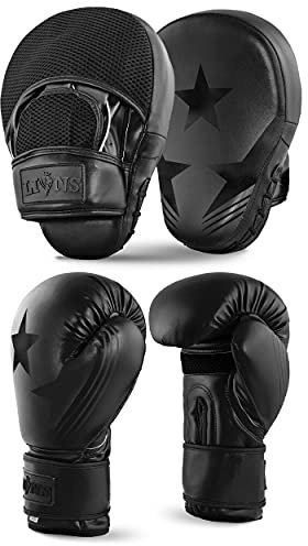 Lions Amateur Fitness Boxing Set Hook & Jab Pads Focus Punch Bag Gloves Target Strike Mitts (Black Star, 8oz)