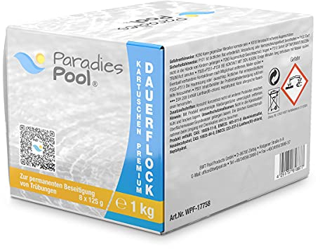 Paradies Pool Flockungsmittel Flockkartuschen 8 x 125 g = 1 kg, geeignet für Sandfilteranlagen zur Trübungsentfernung Beseitigung Schwebstoffe