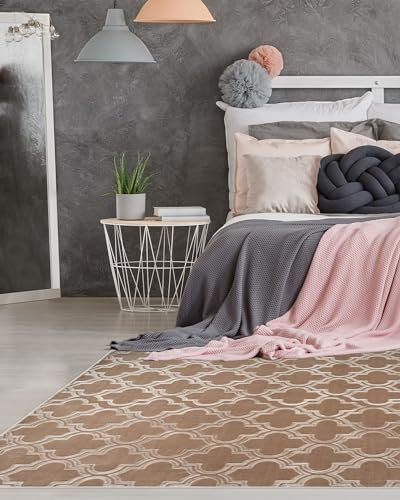 Qiyano Teppich Kurzflor marokkanisches Muster seidiger Glanz dünn weich für Wohnzimmer Schlafzimmer Läufer mit Anti-Rutsch Hell-Braun Taupe, Farbe: Taupe, Größe: 80 x 150 cm