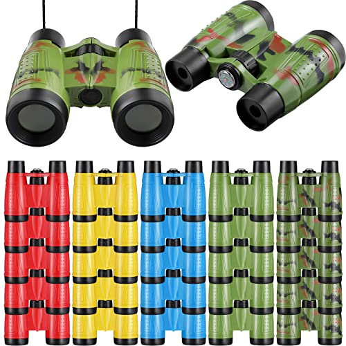 25 Pack Binoculars for Kids 6+ Years Old, with Compass and Neck String Toddler Toy Binoculars Gift Set for Camping Adventure, Party Favor, Red, Yellow, Camo, Green, Blue