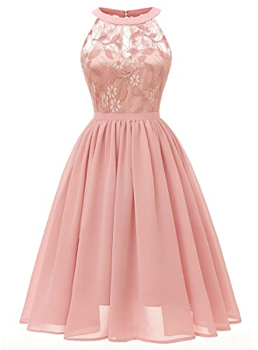 Abendkleider Elegant für Hochzeit Damen 50er Jahre Rockabilly Neckholder Swing Spitze Chiffonkleid Festlich Abschlusskleid Brautkleid Cocktailkleid Weihnachten Silvester Kurz Partykleid Hellrosa M