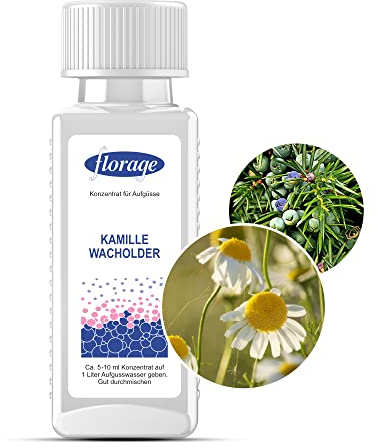 Florage 100ml Saunaaufguss KAMILLE WACHOLDER - 50 Jahre Erfahrung als deutsche Duftmanufaktur, hochergiebiges Aufgussmittel für die Sauna, viele Aufguss Düfte, vegan und ohne Tierversuche